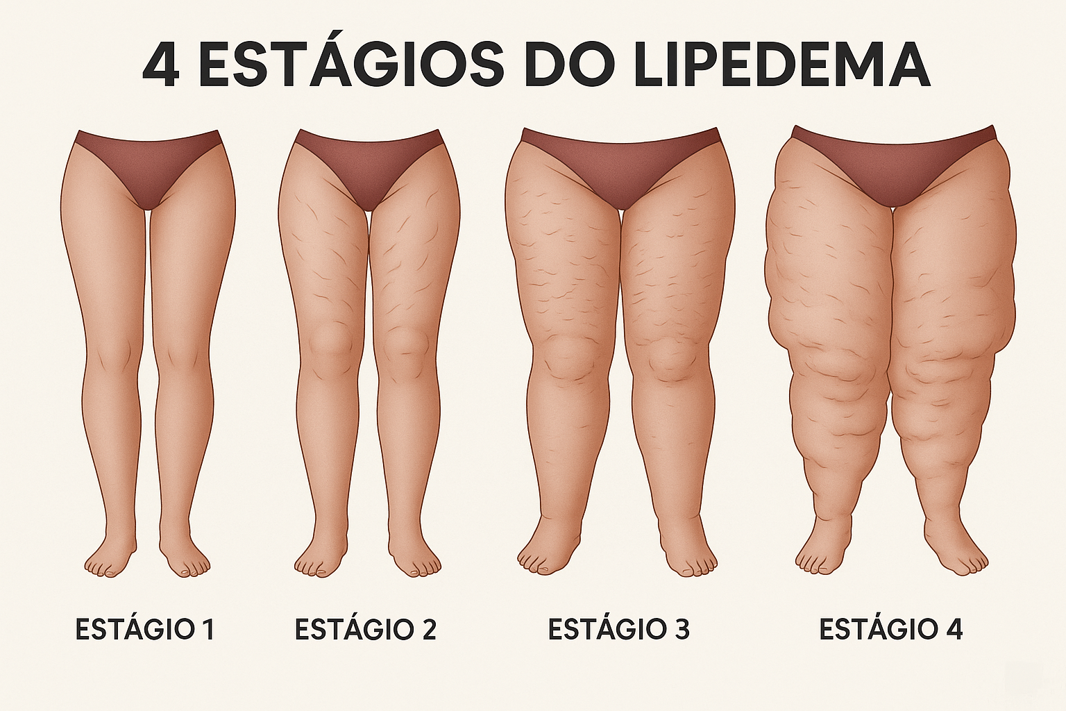 Ilustração dos quatro estágios do lipedema, mostrando a progressão da condição desde o acúmulo leve de gordura nas pernas até deformidades avançadas com dor e mobilidade comprometida.